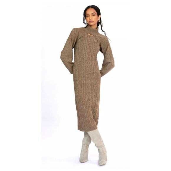 Anthropologie Cable knit Midi Sweater Cream Tan Dress Cardigan Set Medium - Picture 3 of 7